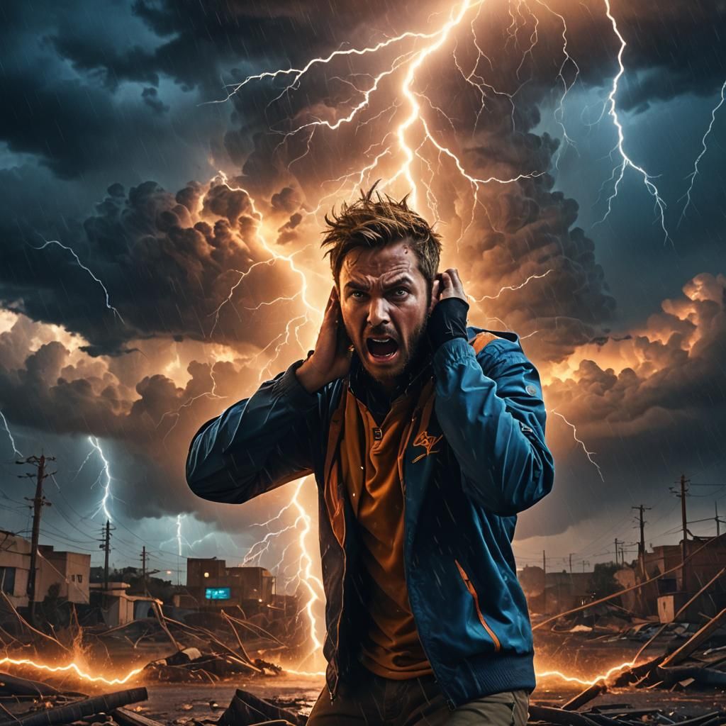 Terrified Person in Lightning Storm: Fantasy Concept Art