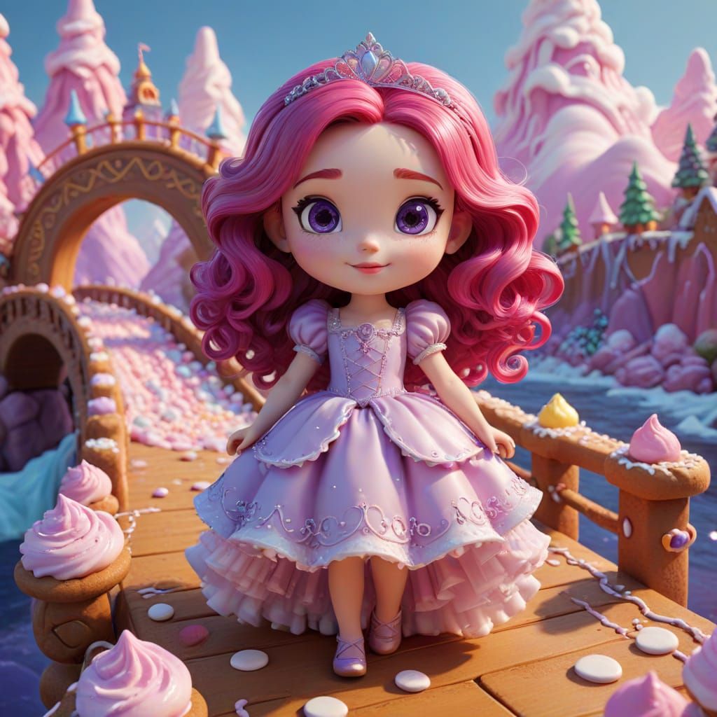 Chibi Princess on Gingerbread Bridge in Candy Art Style