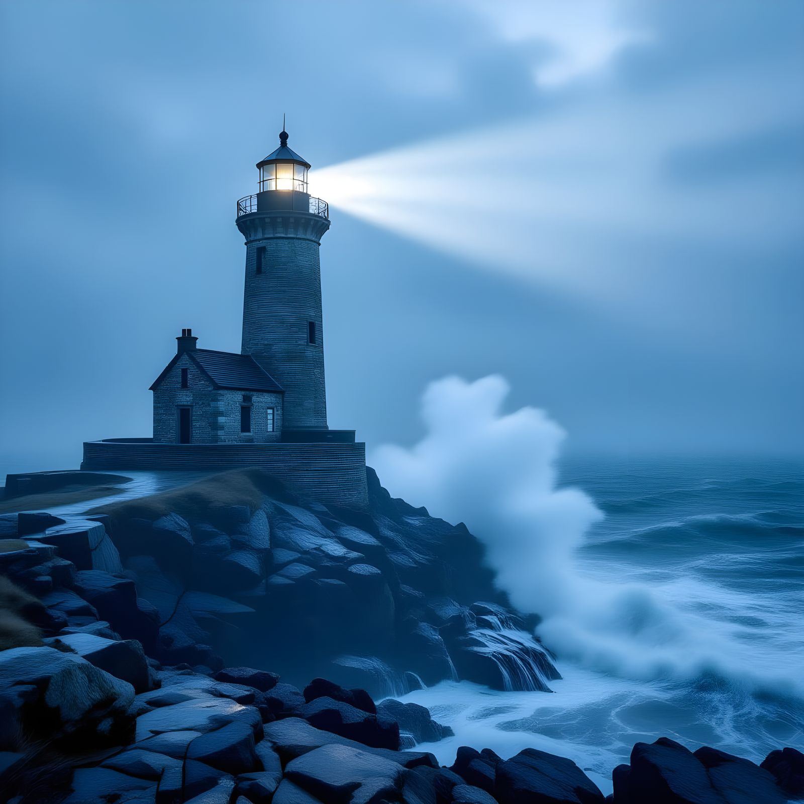 Weathered Lighthouse in Mysterious Fog