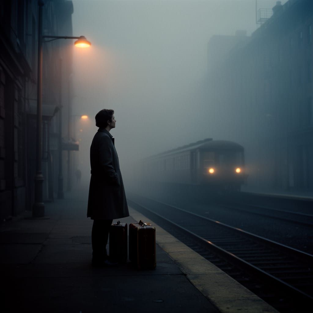 Figure on Foggy Train Platform at Twilight