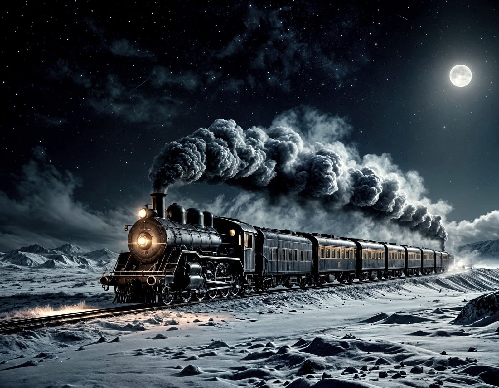 Vintage Steam Train in Snowy Tundra at Night