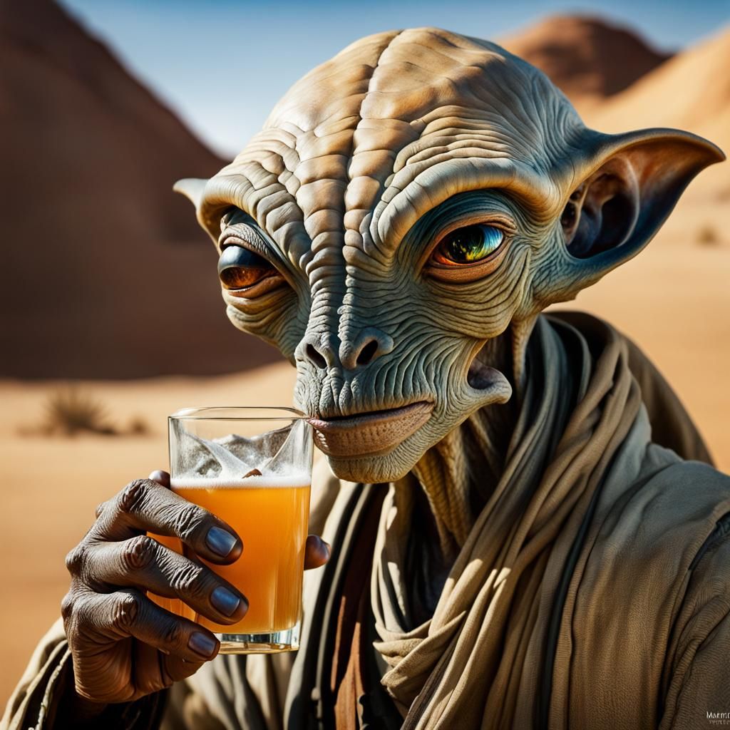 Alien Traveler at Oasis in Photographic Realism