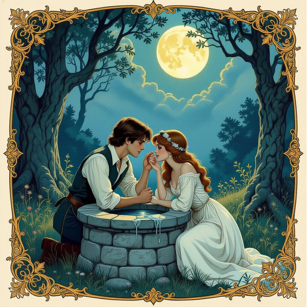 Folklore Couple Sharing Secret by Moonlit Well