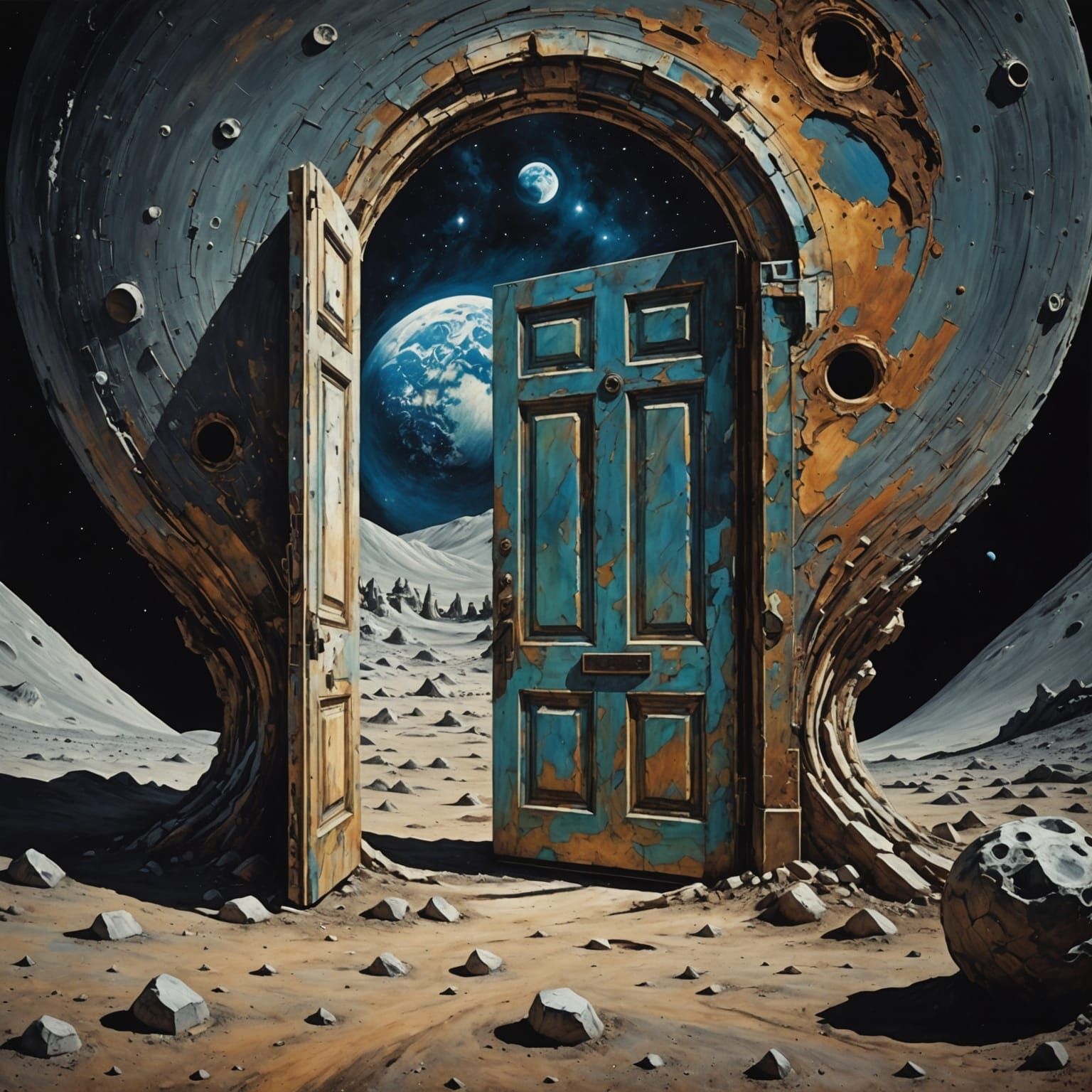Surreal Doors on the Moon in Impressionistic Style