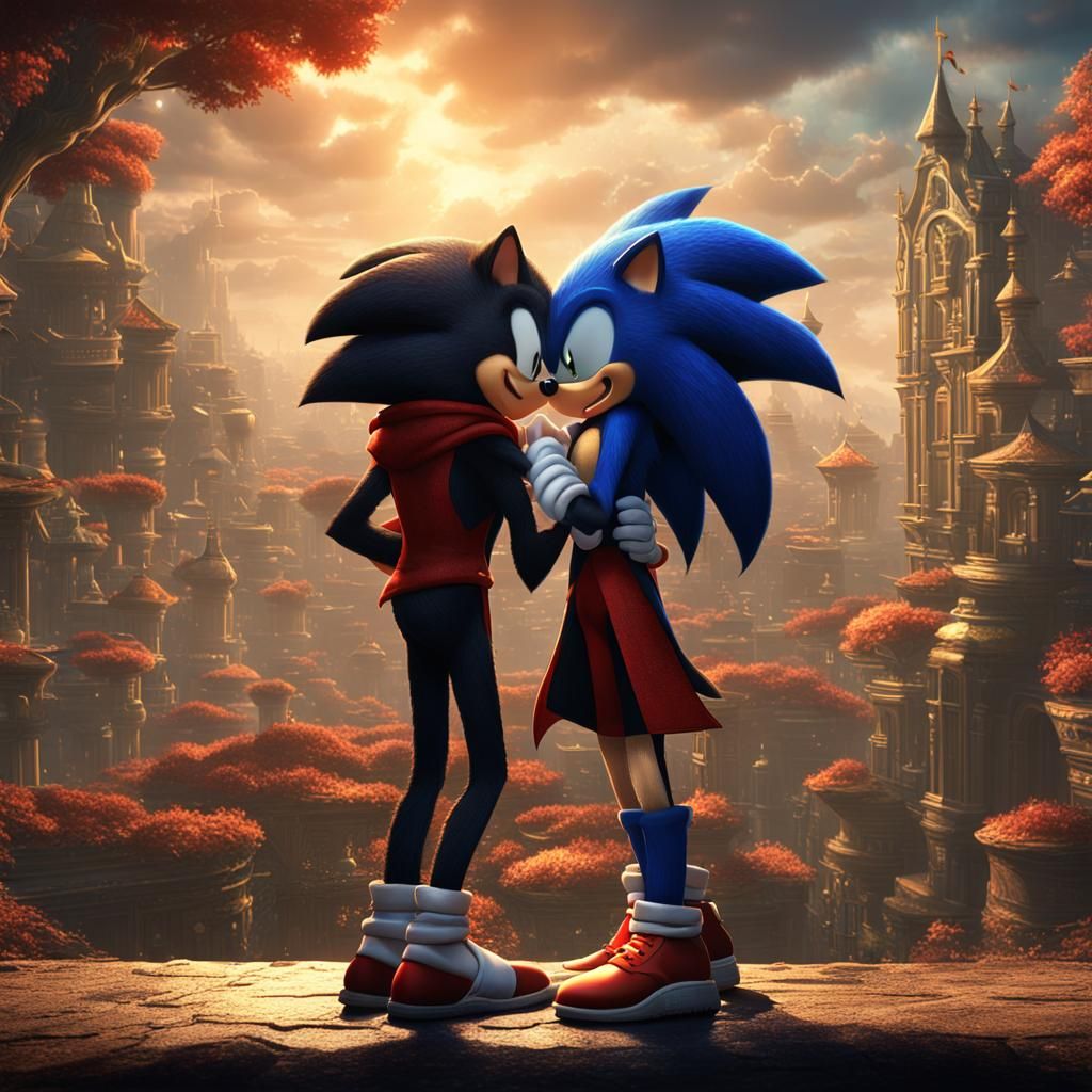 Shadow The Hedgehog Kissing Sonic: Detailed Matte Painting