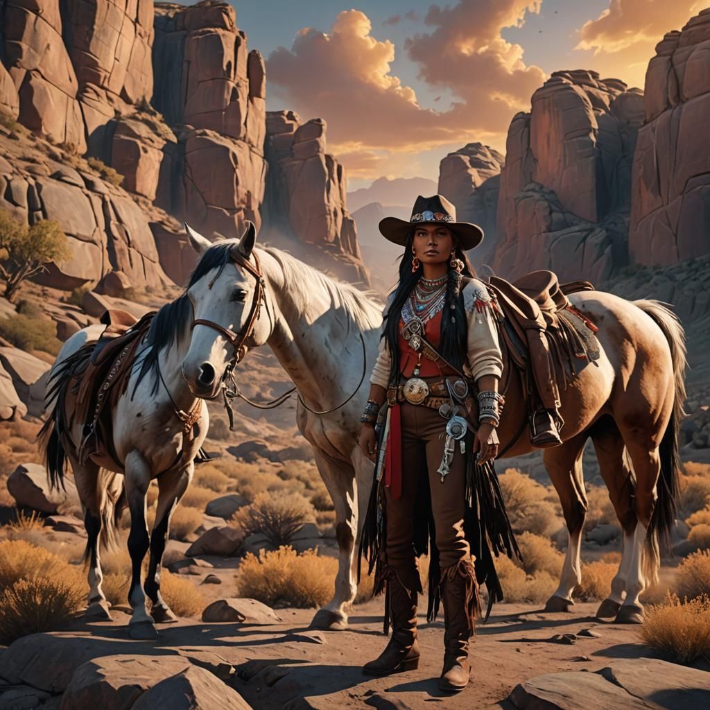 Native American Woman in Wild West Sunset