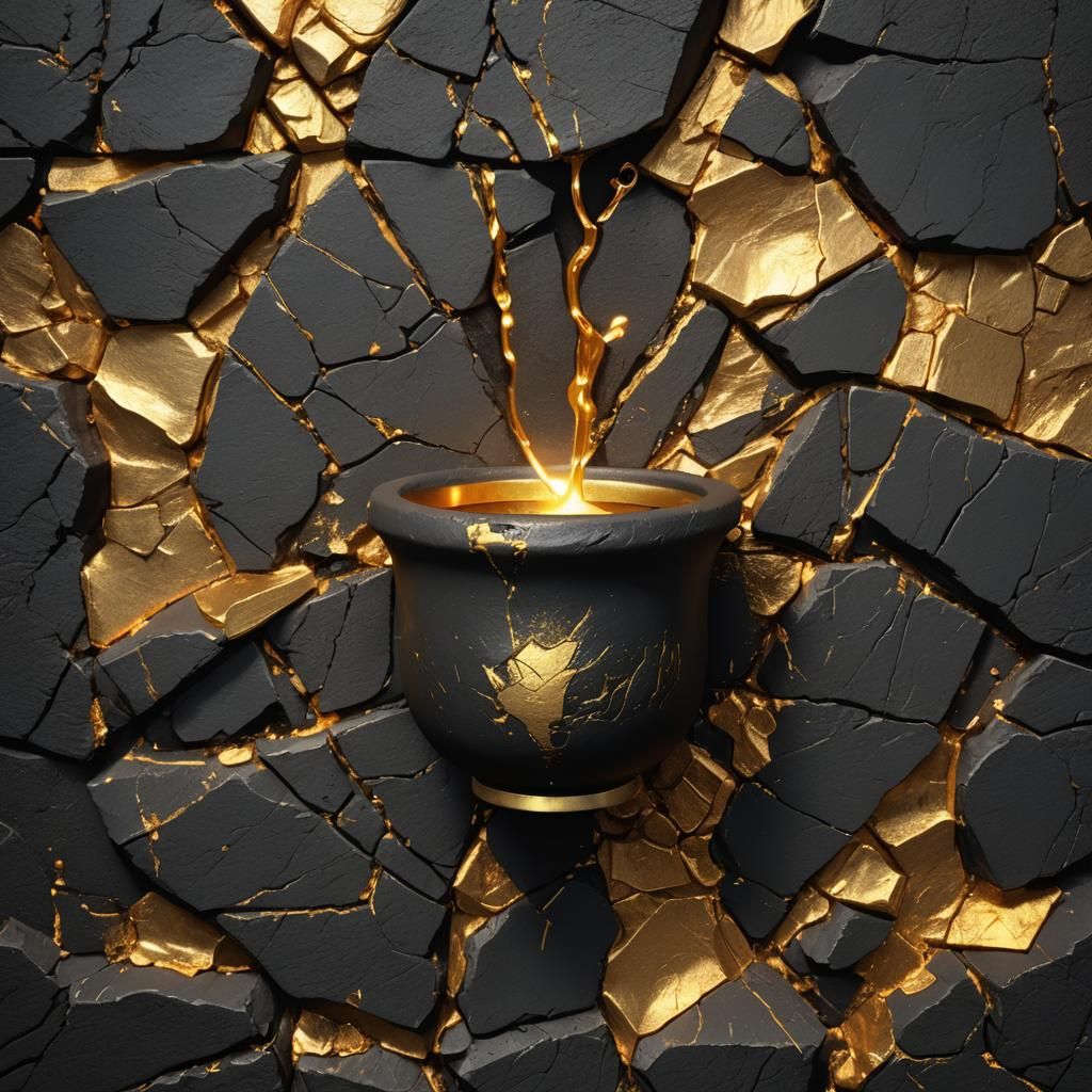 Golden Mortar on Black Wall with Cracks