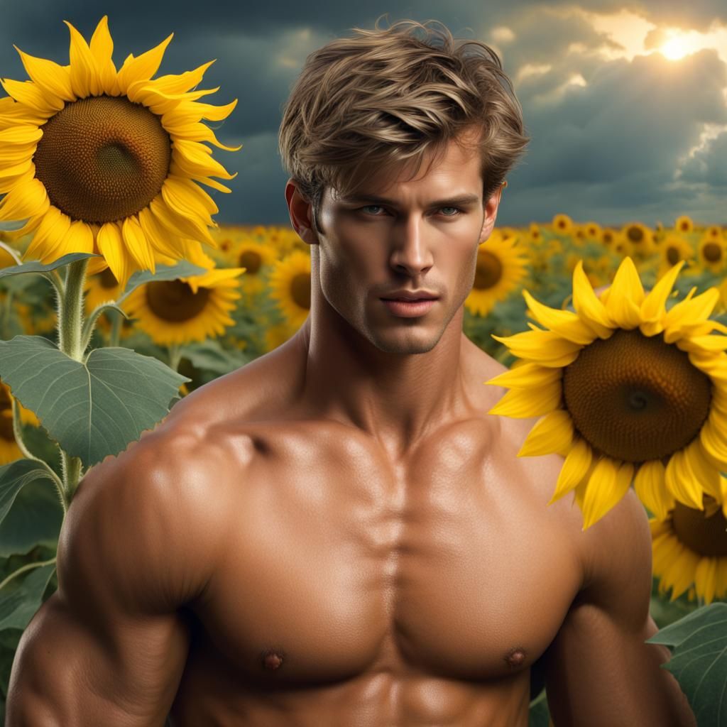 Shirtless Model in Sunflower Field: Digital Matte Painting