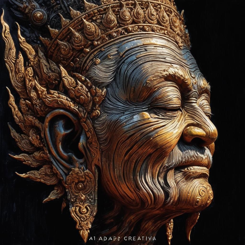 Rusted Steel Thai Man with Golden Khon Patterns