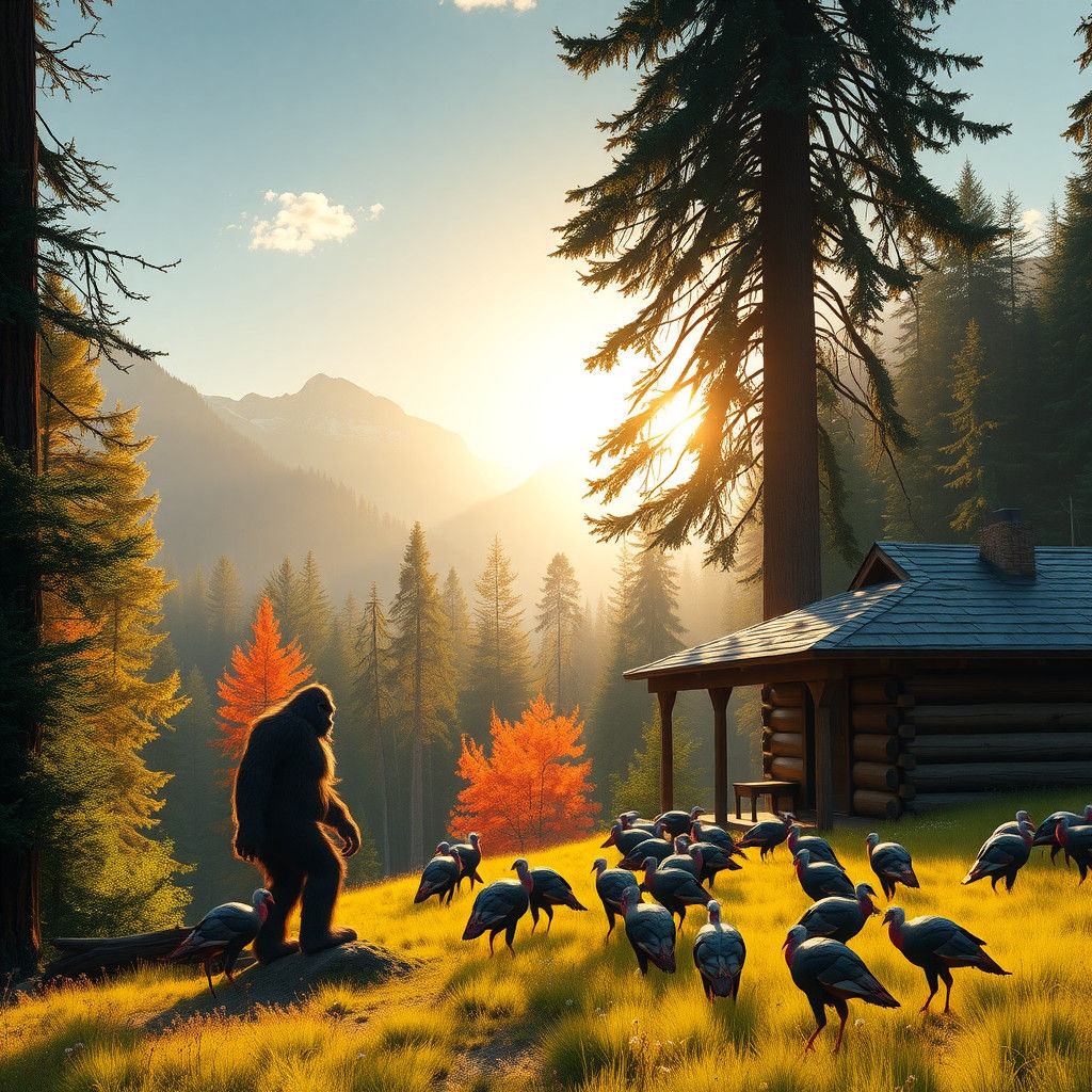 Bigfoot Overlooking Valley Cabin in Digital Matte Art