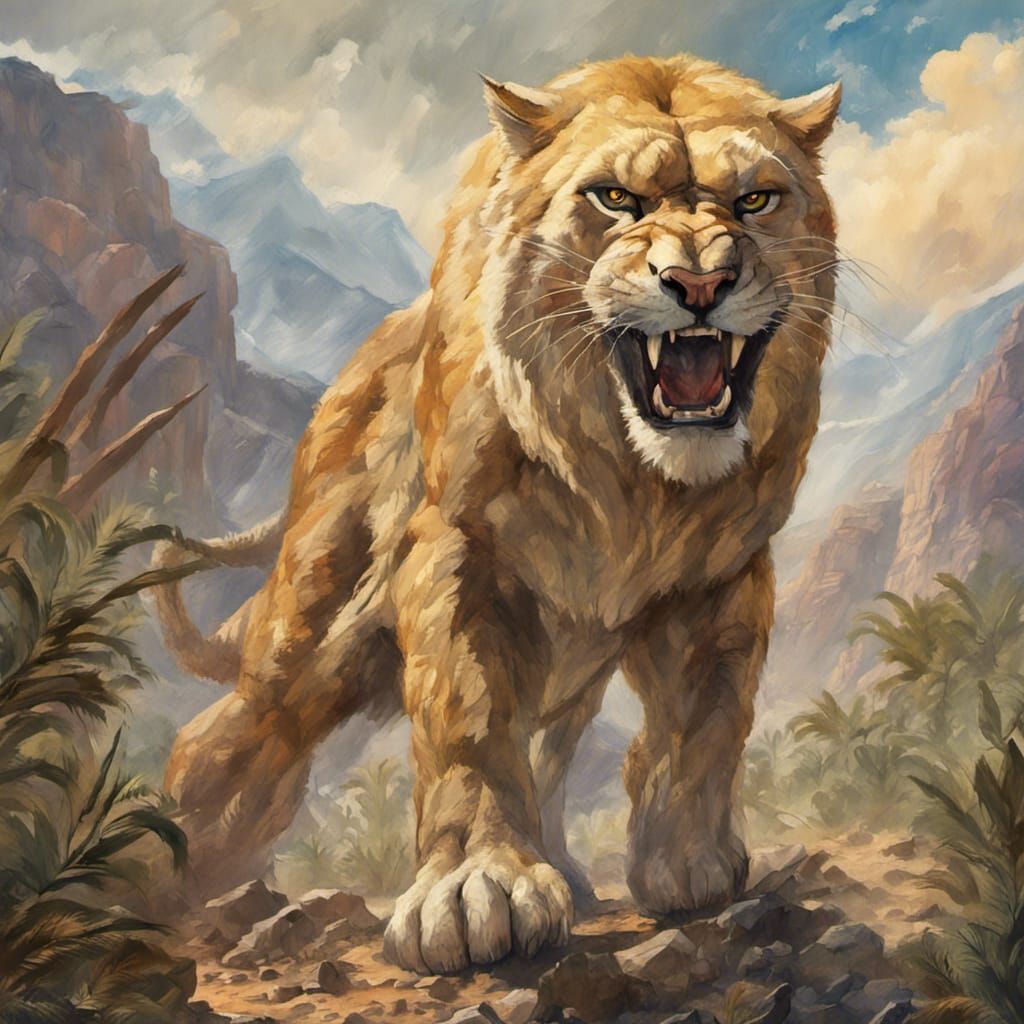 Prehistoric Sabertooth Cat in Gouache Style