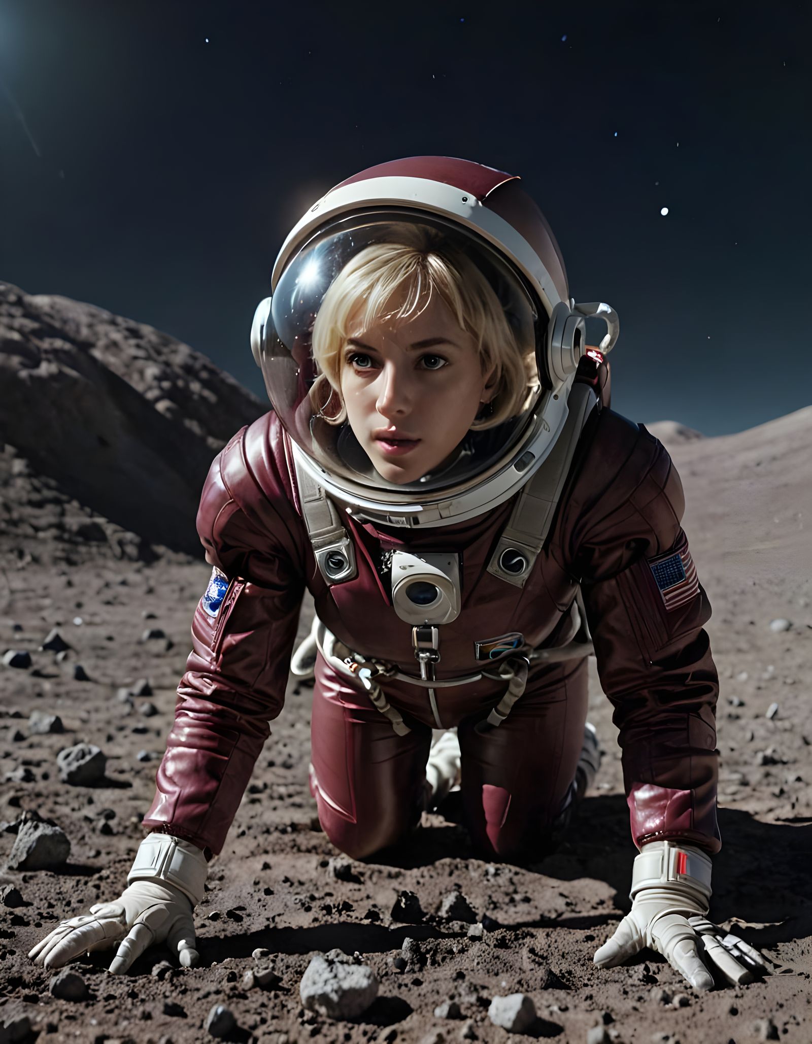 Blonde Astronaut Crawling on the Moon in Spacesuit