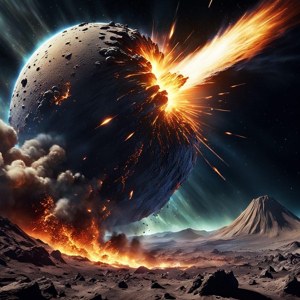 Vibrant Sci-Fi Art: Comet Strikes Crater in Space