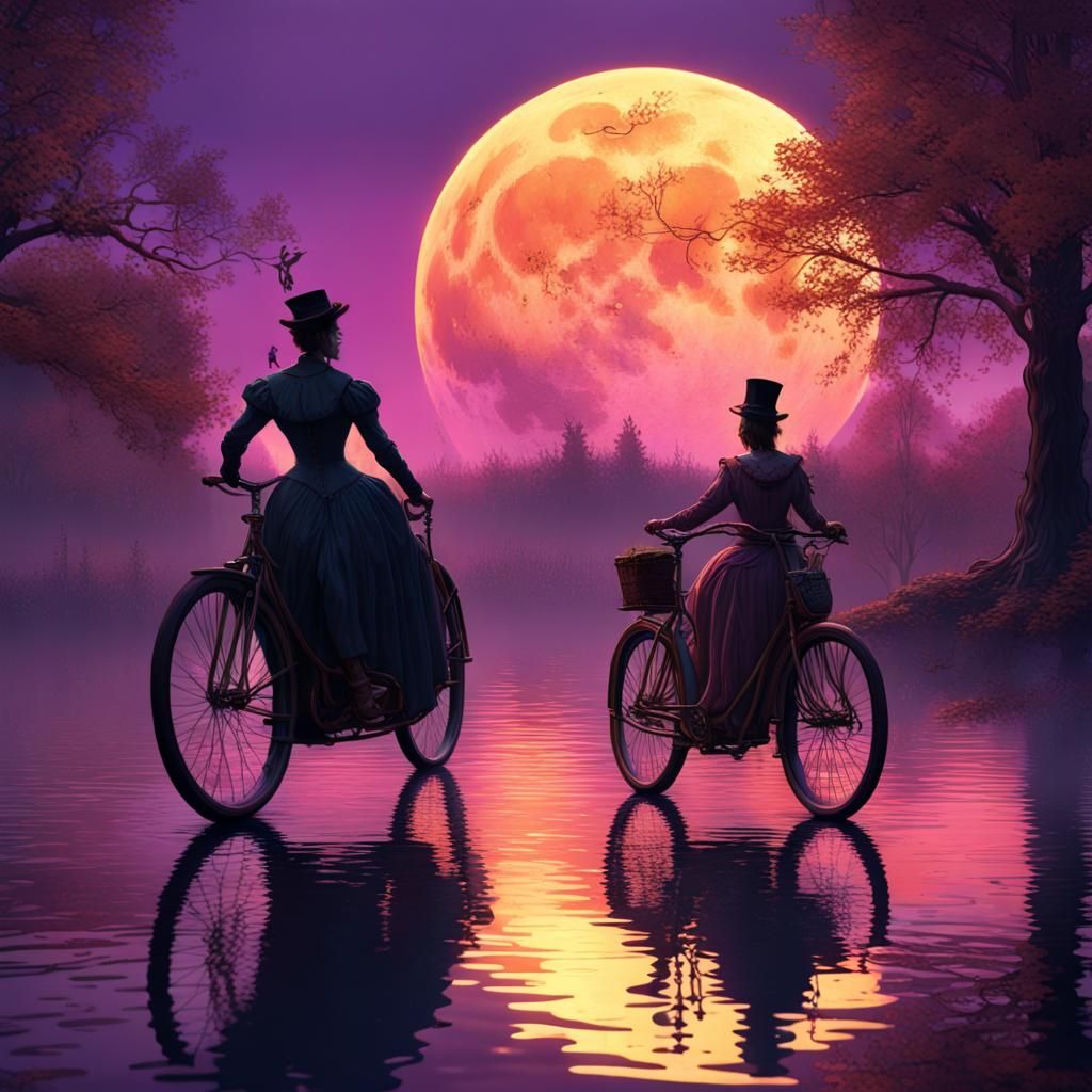 Victorian Ghosts Biking on Lake Under Blood Moon
