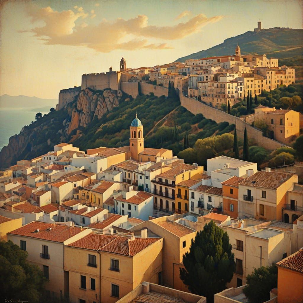 Cubist Sopelana Sunset Oil Painting on Vintage Postcard