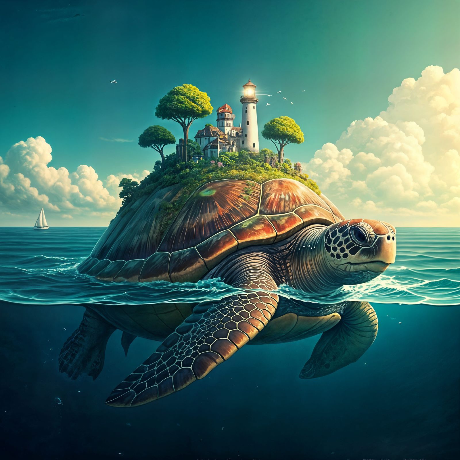 Serene Turtle Island Scene in Whimsical Watercolor Style
