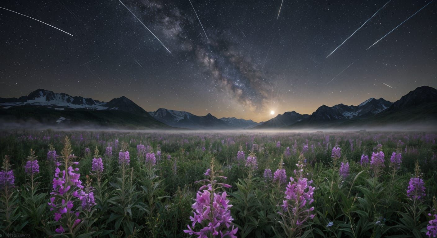 Violet Meadow Under Meteor Shower Starfield