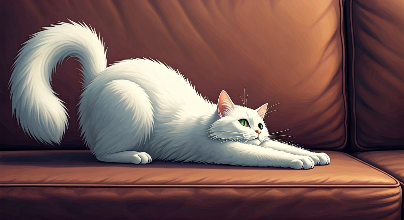 Whimsical White Cat Stretches on Plush Sofa in Cozy Setting