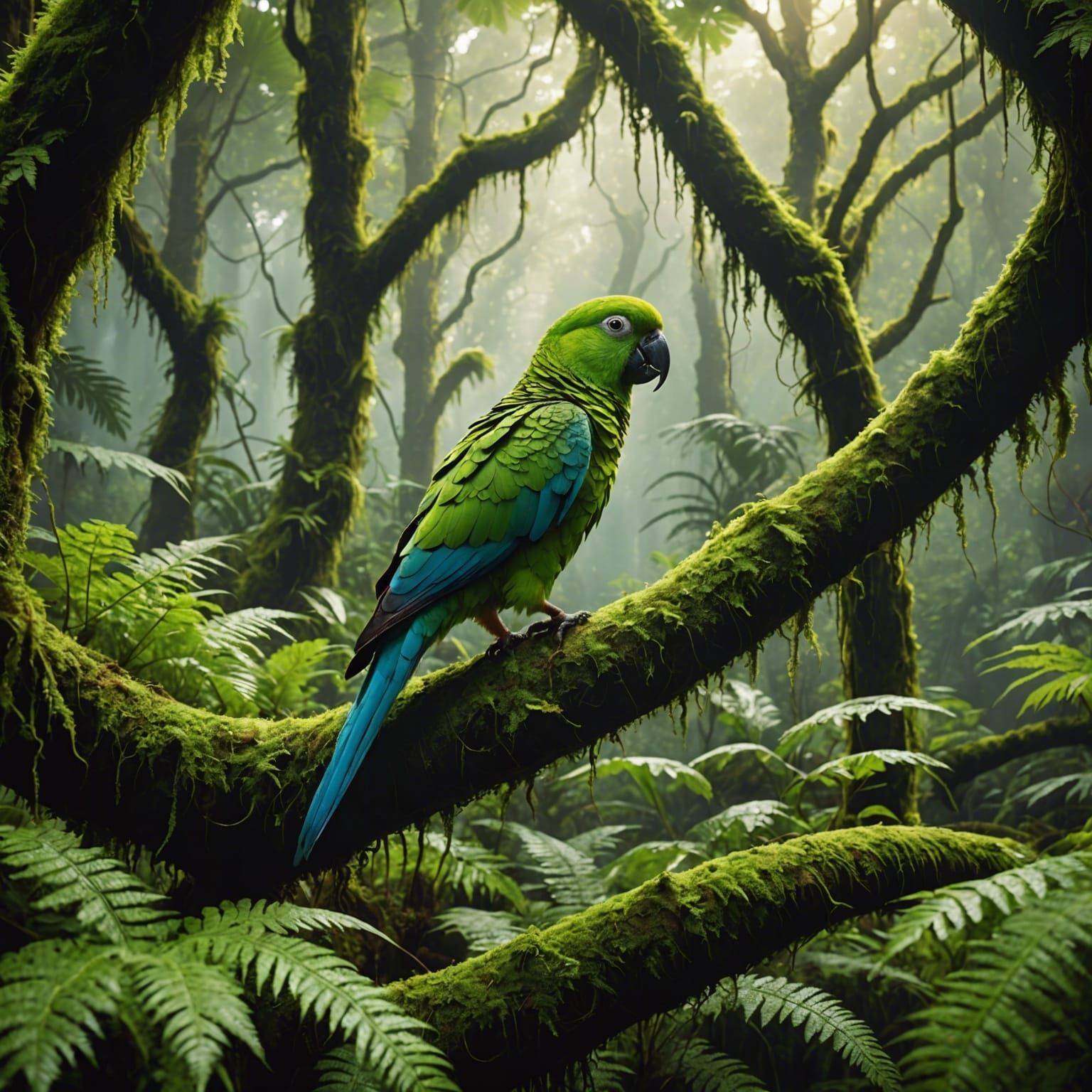 Lush Rainforest Scene with Parrot in Digital Painting