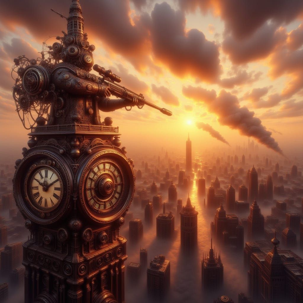 Steampunk Sniper Defends City From Airships at Sunset