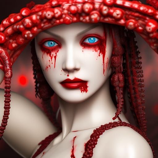 Creepy Girl with Bloody Eyes and Red Rose Crown