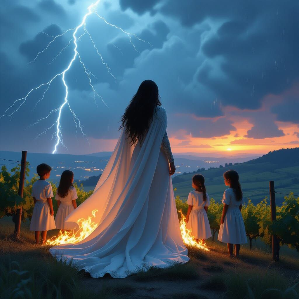 Goddess of Fire and Ice in Dystopian Landscape