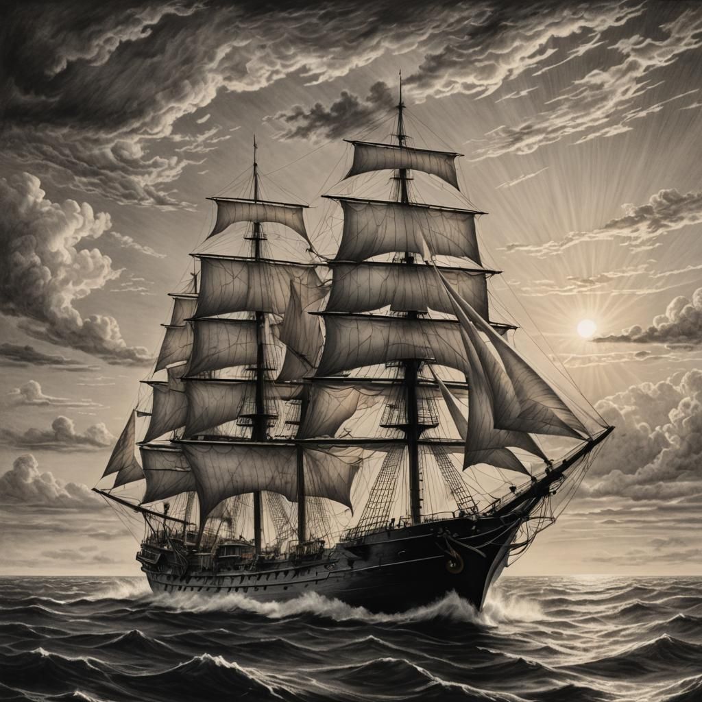 Majestic Frigate Sails the Ocean: Charcoal Drawing