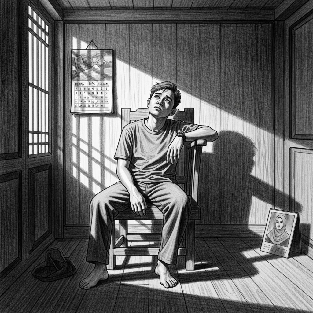 Man in Indonesian Room, Grayscale Pencil Sketch