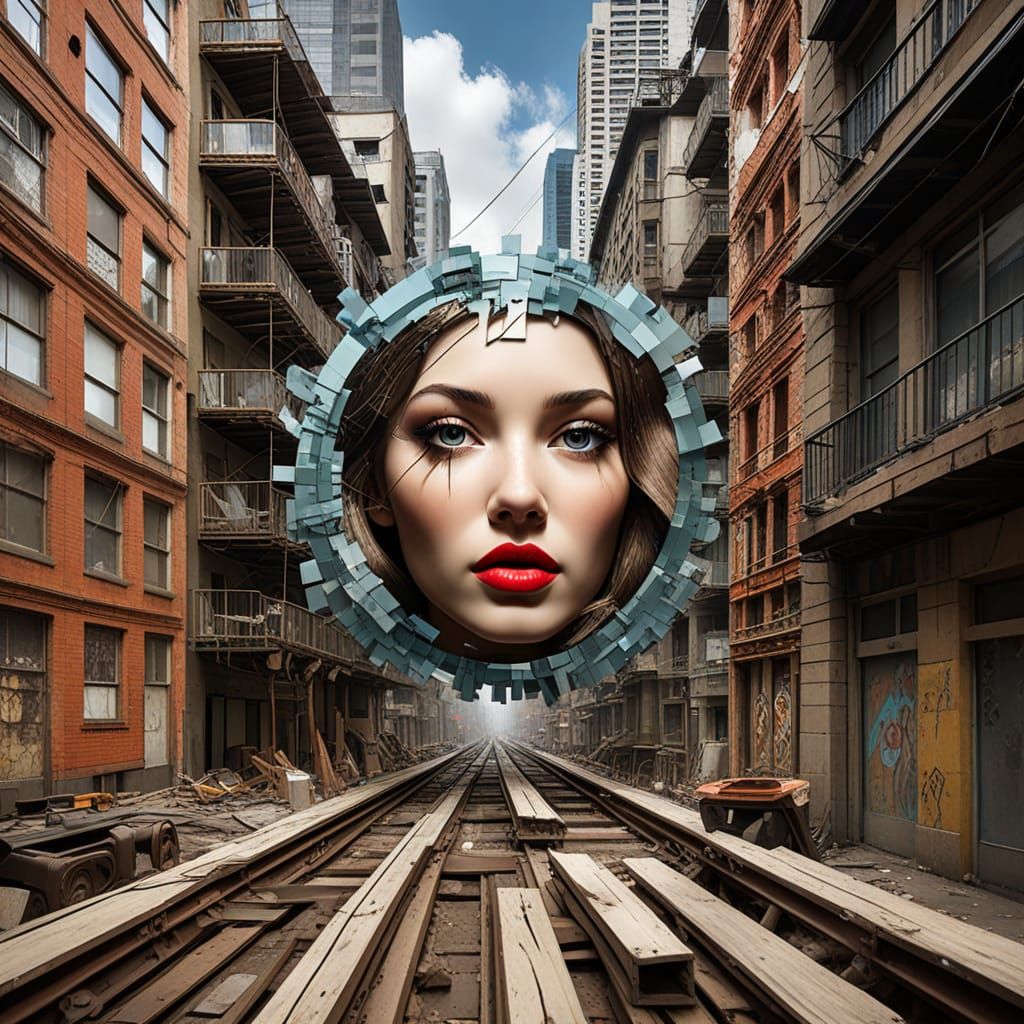Escher-Style Infinite Cityscape with Woman’s Face