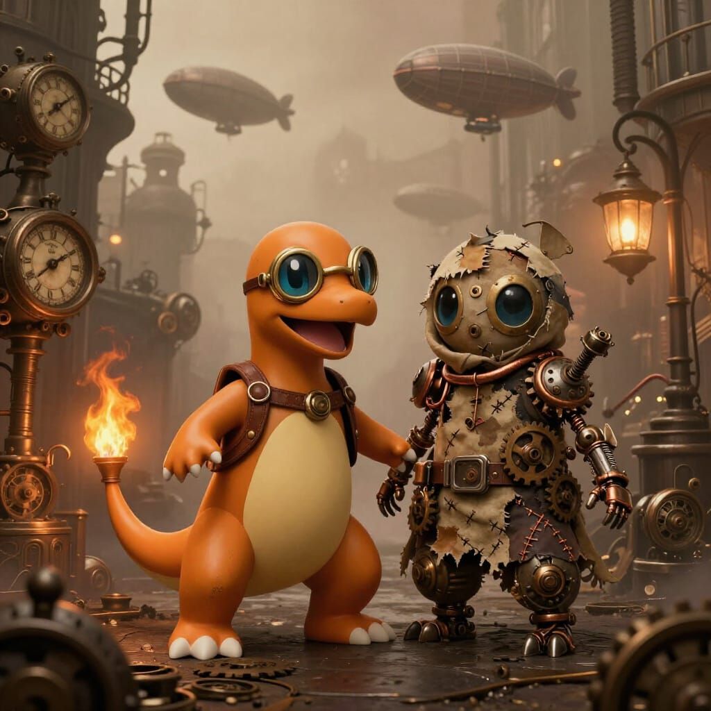 Steampunk Charmander & Mimikyu Adventurers in Victorian City