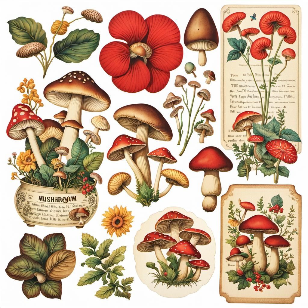Vintage Mushroom Ephemera Stickers on White