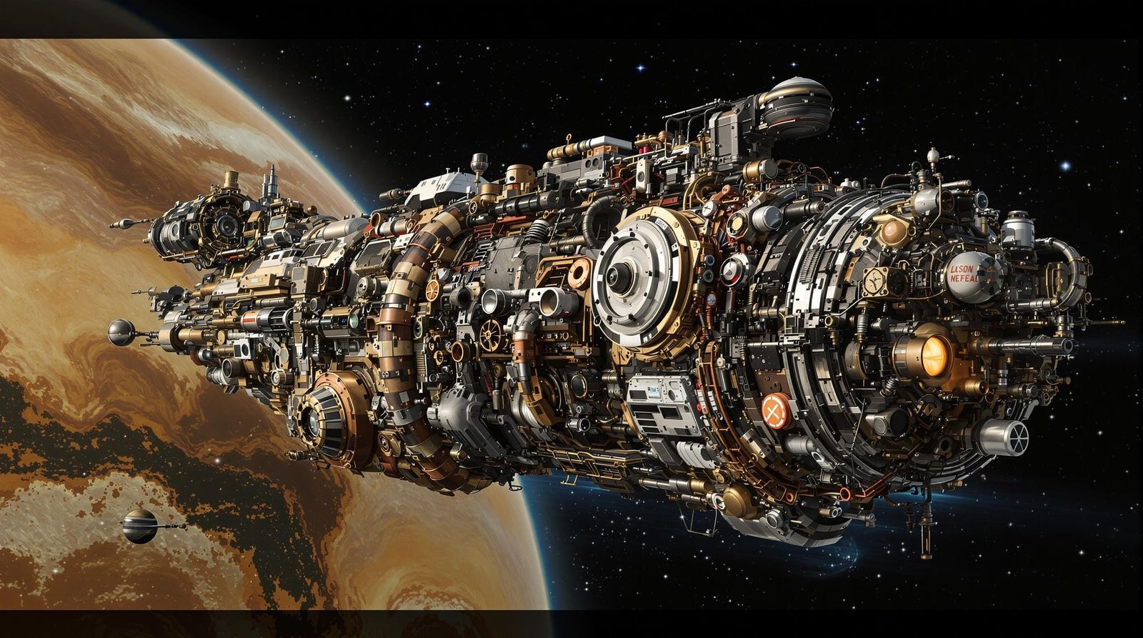 Steampunk Starship Voyage Past Saturn-like Planet, 3D Render