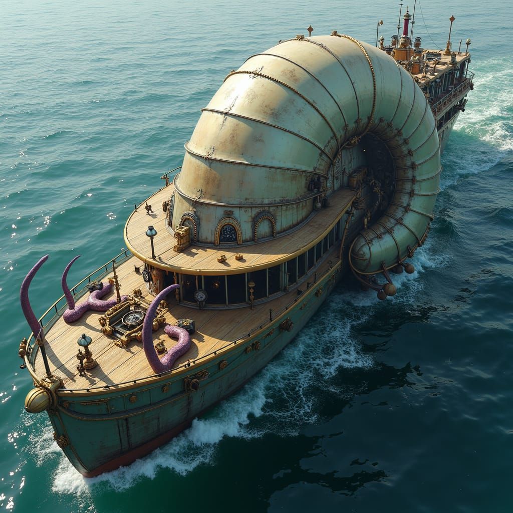 Enormous Nautiloid Ships in Steampunk Horror Style