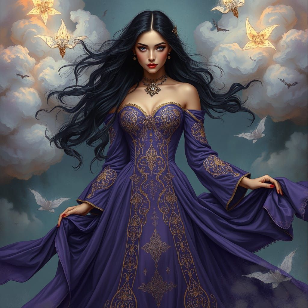 Ethereal Fantasy Goddess in Lavish Purple Gown