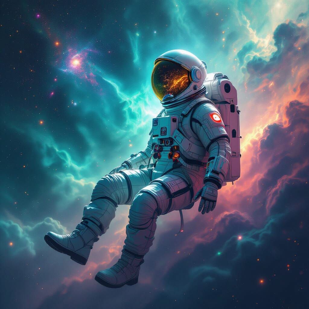 Astronaut Drifting Among Emerald and Sapphire Nebulae