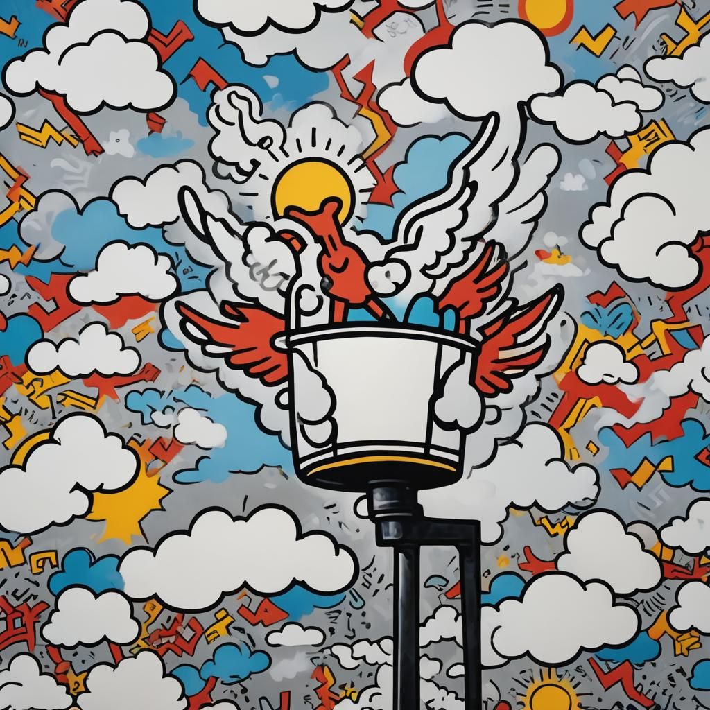Winged Lamp Soars Through Clouds in Pop Art Style