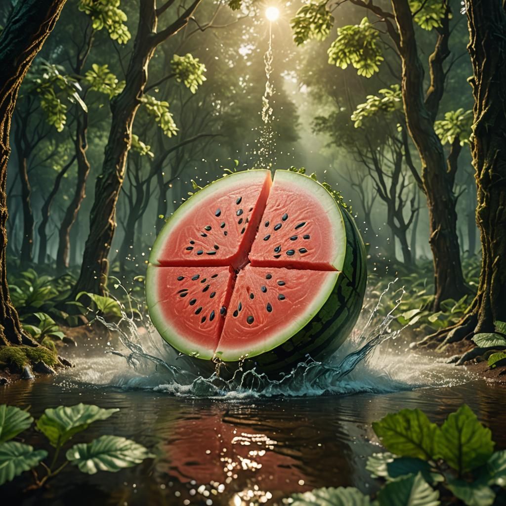 Colossal Watermelon in Tiny Forest: Surreal Digital Art