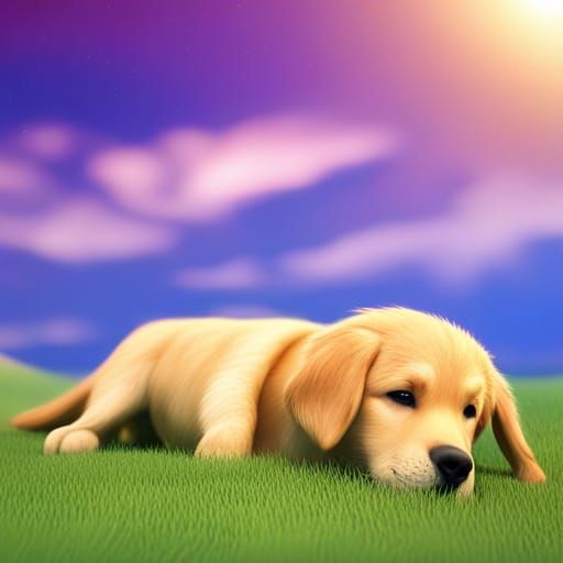 Happy Golden Retriever Puppy in Field: 3D Digital Art
