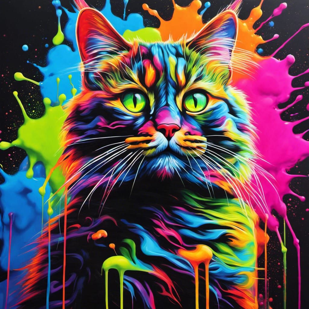 Hyperrealistic Neon Cat Graffiti Art Painting