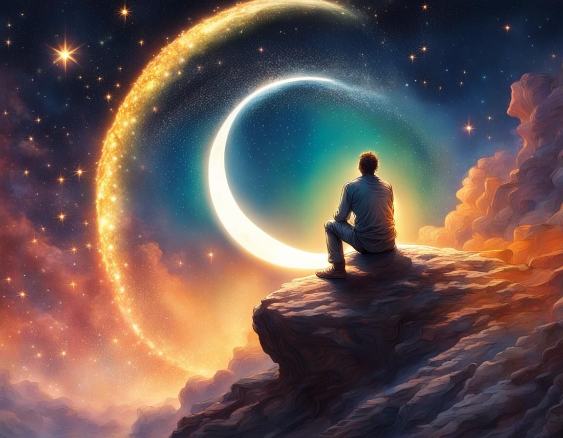 Man on Moon Watching Sparkling Jeweled Stars