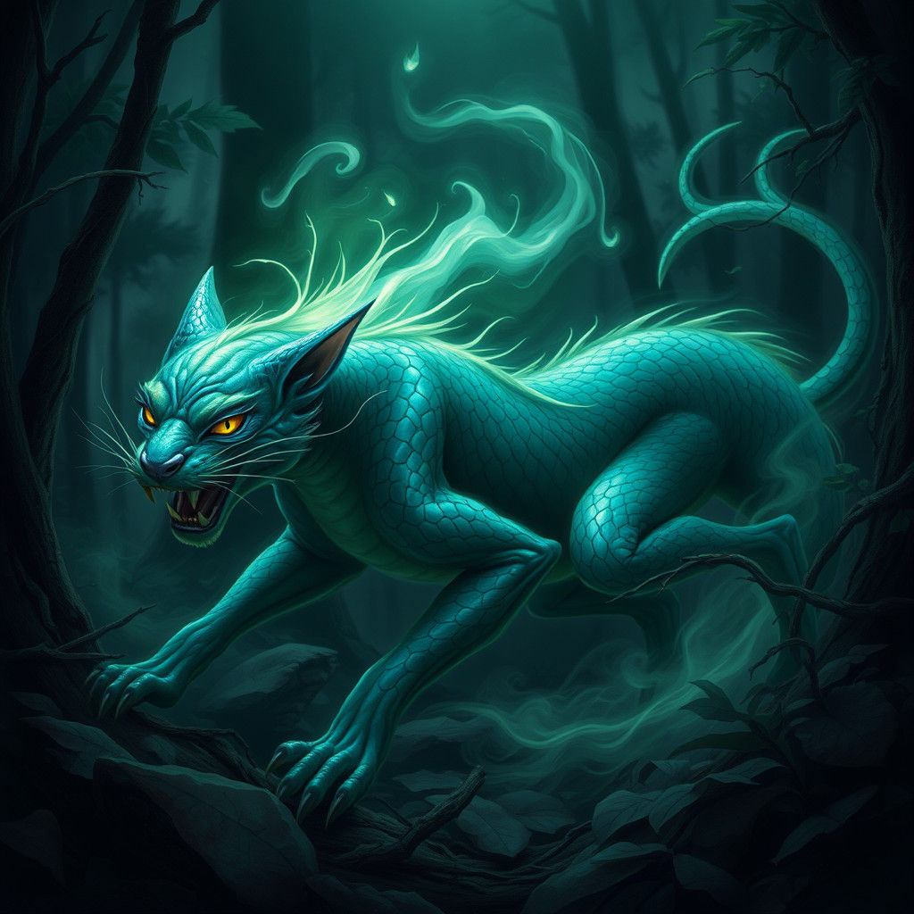 Serpentine Feline Hybrid in Ethereal Forest