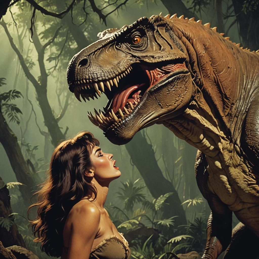 T-Rex Affection: A Frank Frazetta-Inspired Scene