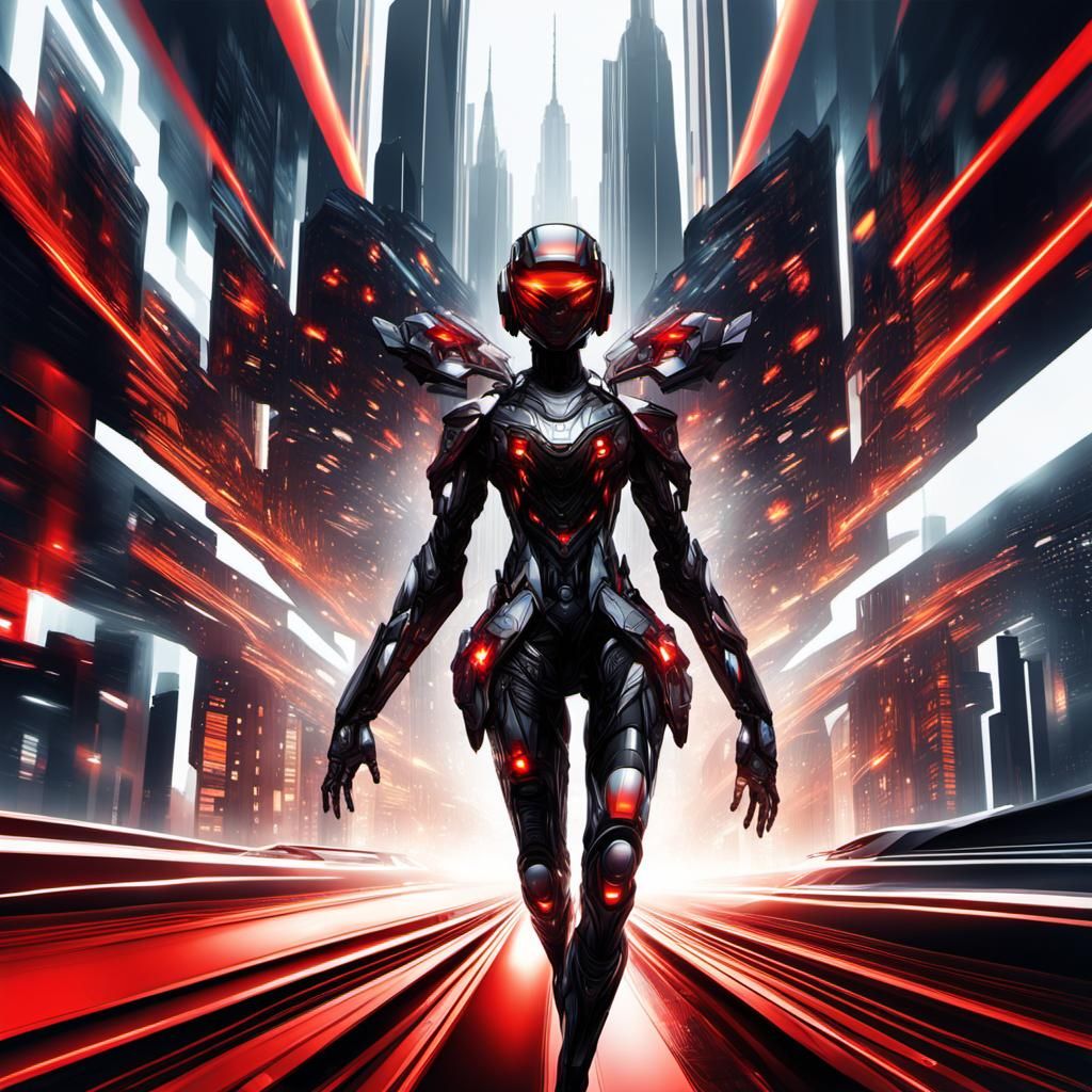 Futuristic Android Woman in Abstract Fractal City