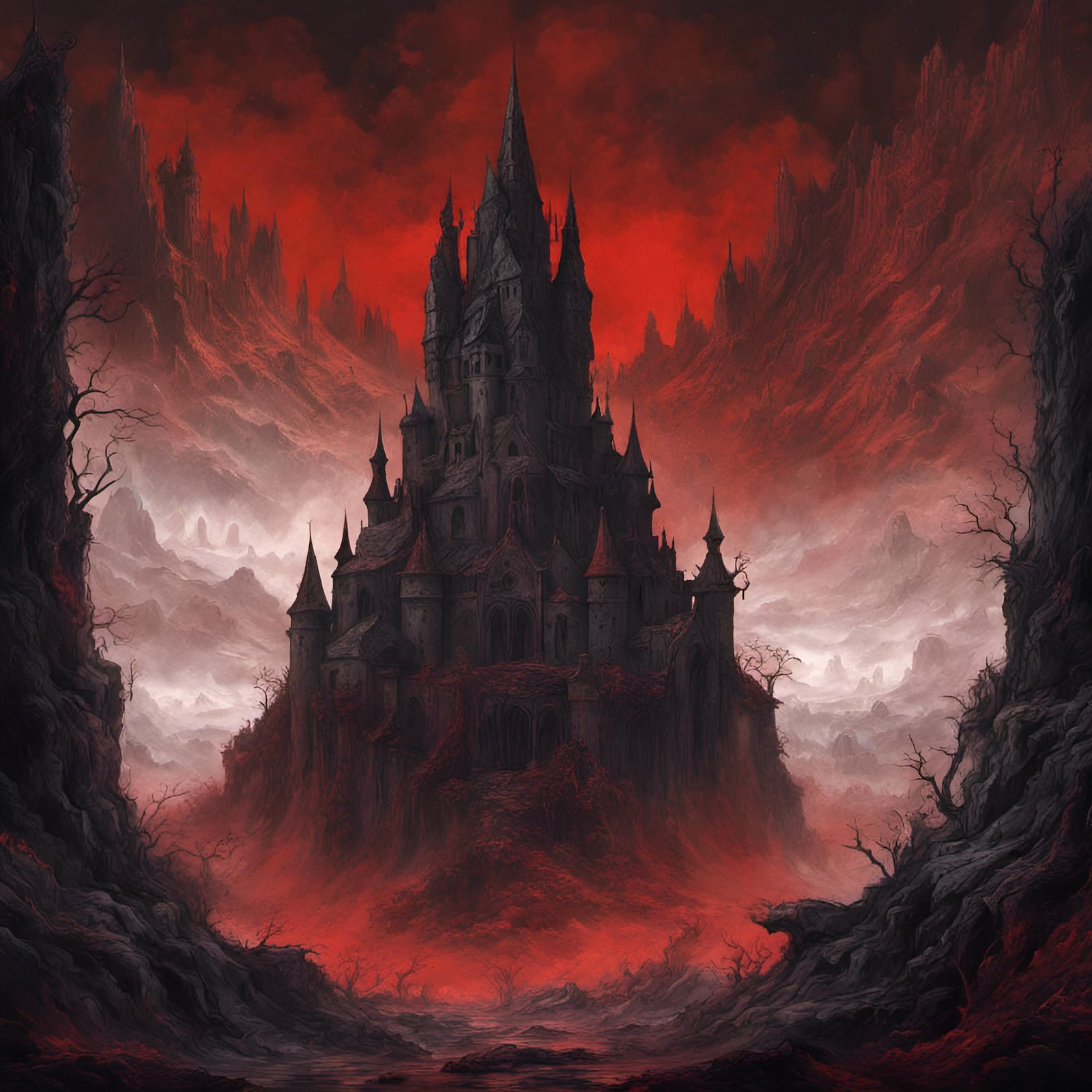 Mystic Horror Castle Ruins in Red Fog