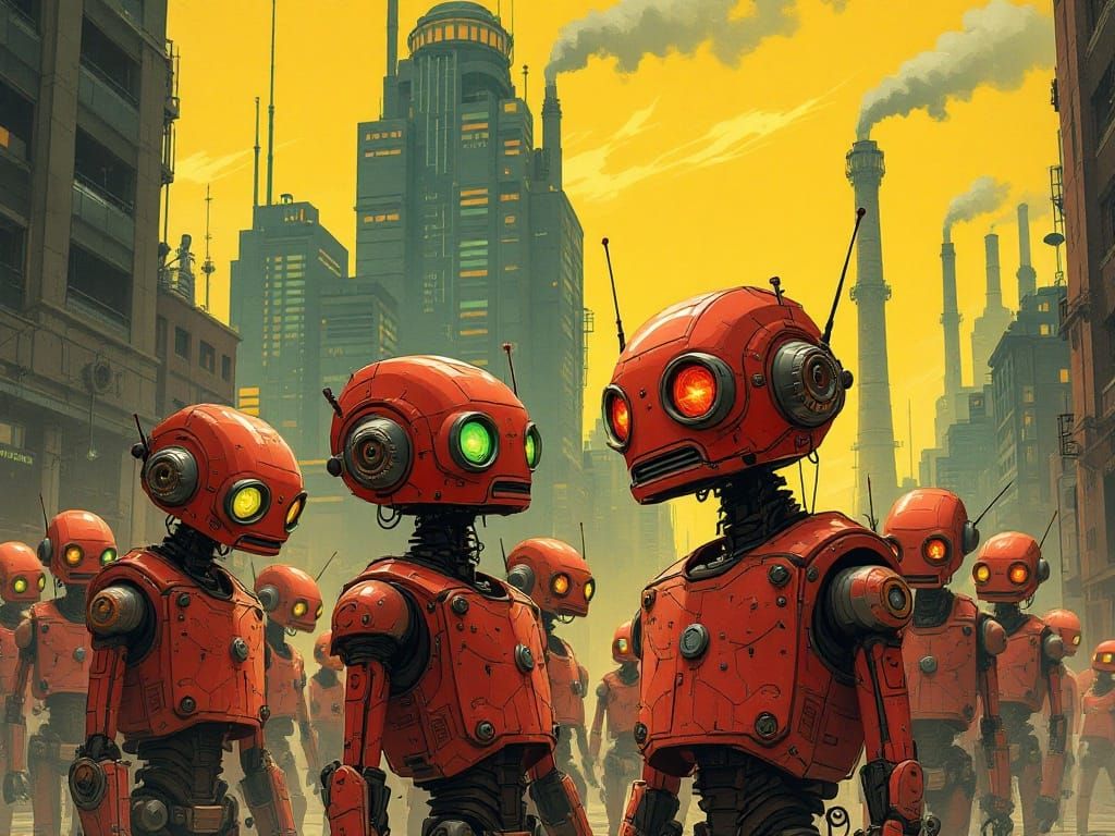 Retro Sci-Fi Robots March Through Cyberpunk Cityscape