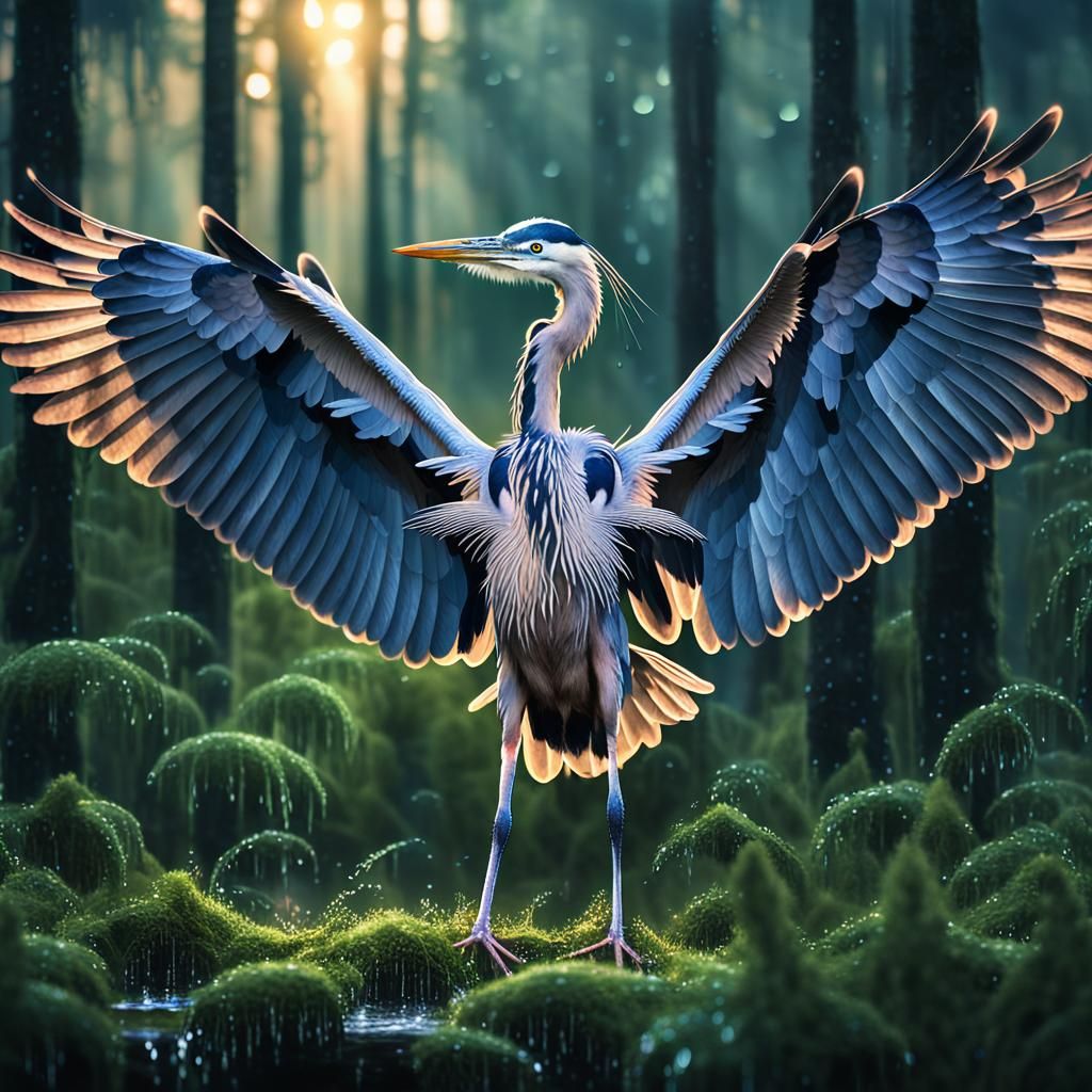 Luminous Heron Double Exposure in Overgrown Forest