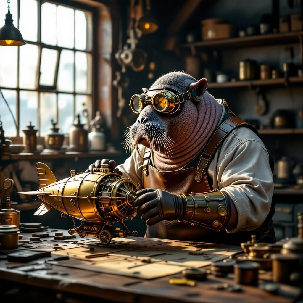Steampunk Walrus Zeppelin Builder in Workshop