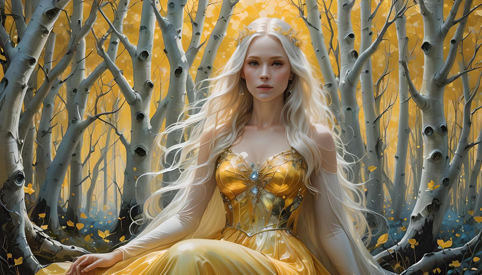 Mystical Aspen Forest Glass Painting with Luminous Figure