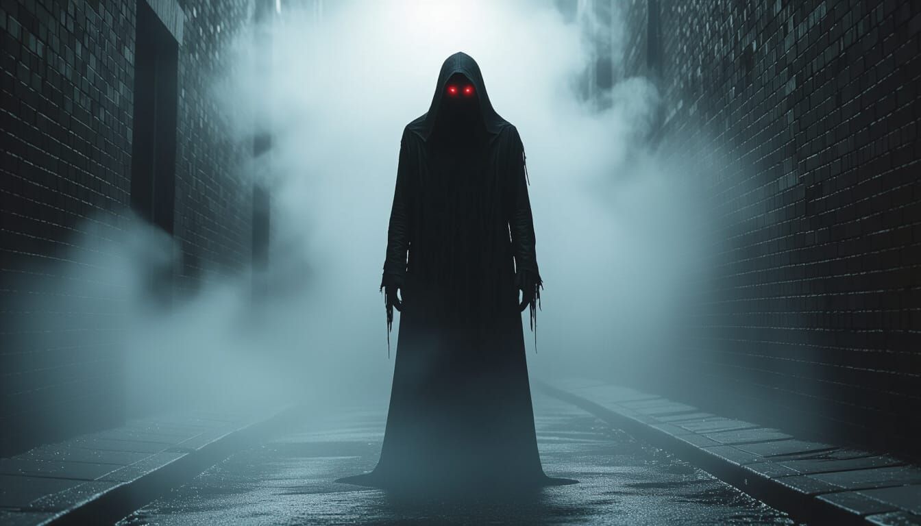 Eerie Shadow Figure in Fog, Cinematic Horror Style
