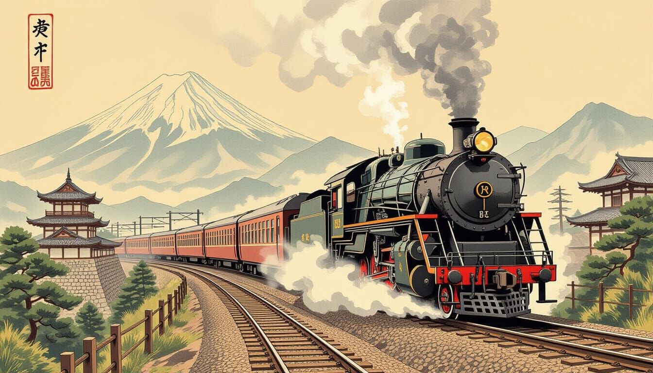 Ancient Japanese Train Launch as Pencil Sketch
